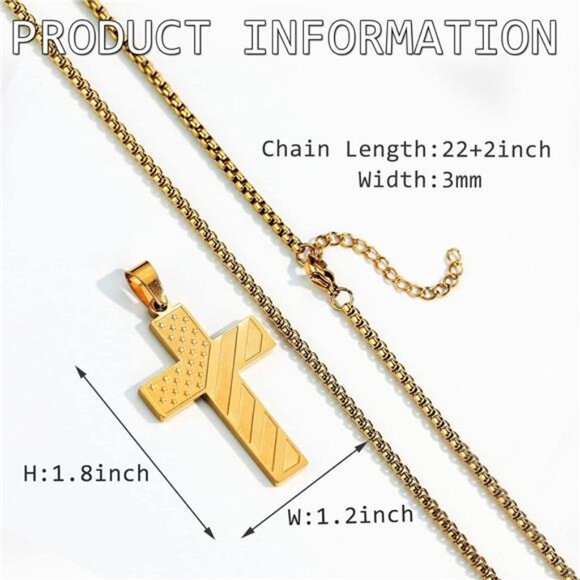 Gold American Flag Cross Necklace for Men Stainless Steel Box Chain 22+2 inch NW - Picture 3 of 7
